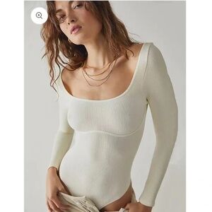 Free People Cream Ribbed Bodysuit